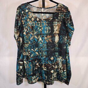 Plus Blue & Green Floral Art Puffed Long Sleeve Blouse